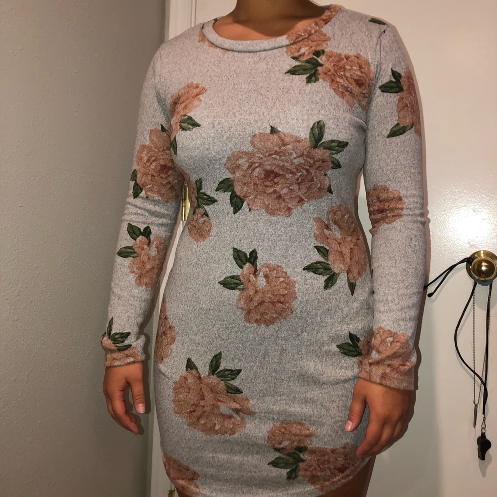 Grey floral printed body on dress.